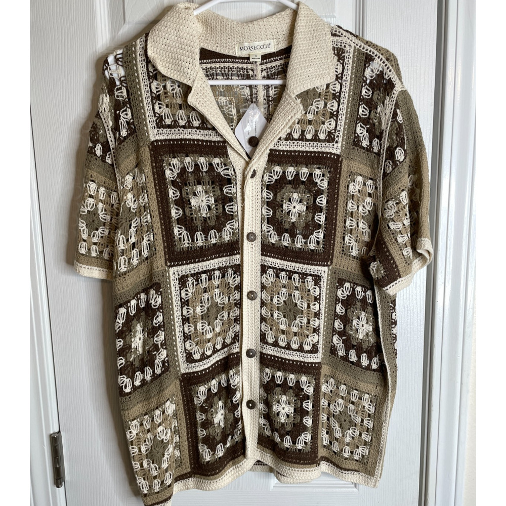 Morsecode Crochet Shirt Mens Small Knit Granny Square Button Short Sleeve NWT